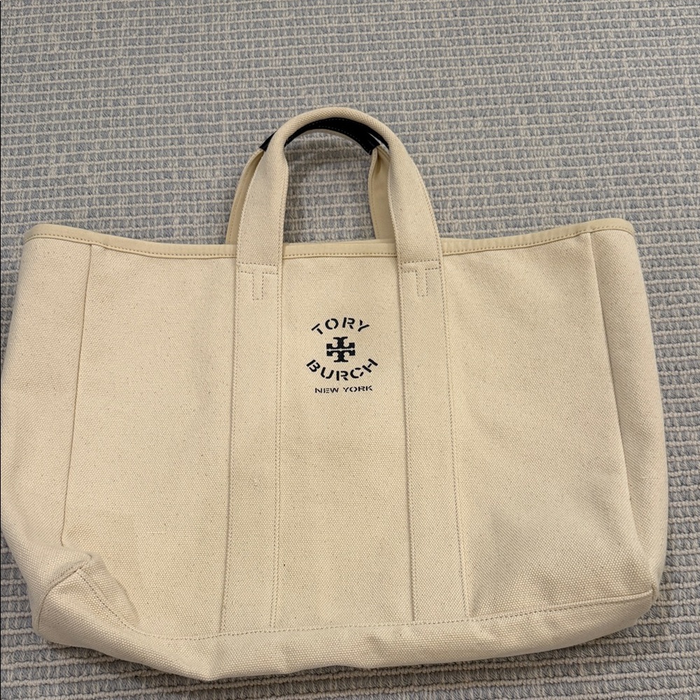 Tory Burch Natural Canvas Tote with Black Logo